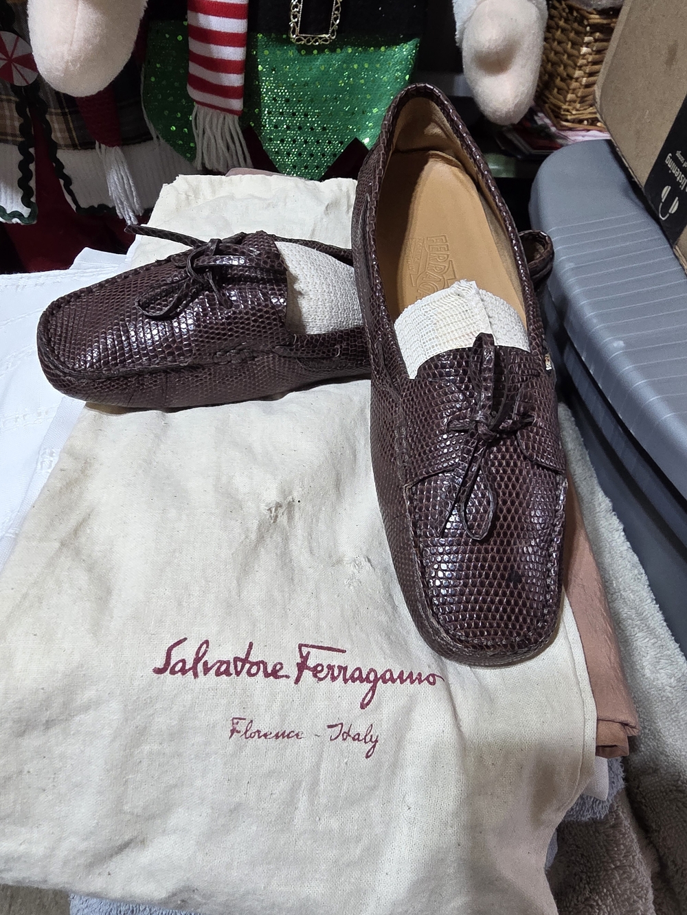 Salvatore Ferragamo Men’s Brown Textured Leather Driving Loafers